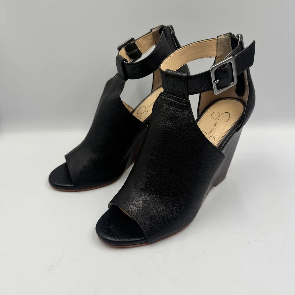 Jessica Simpson Crimsella Black Leather Wedge Sandals Peep Toe Ankle Strap 7M